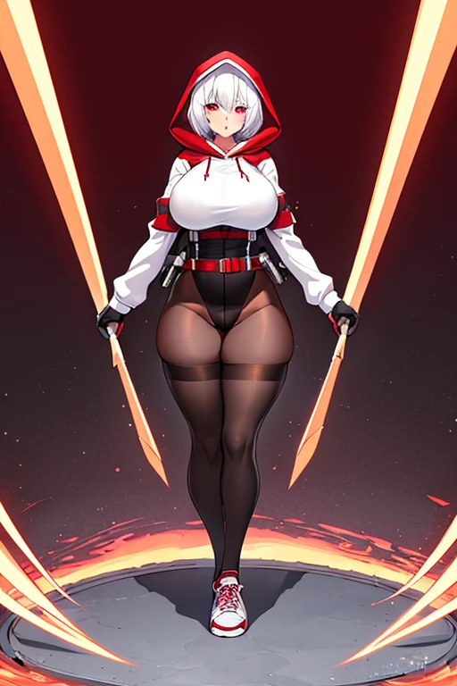 1girl, white hair, very short hair, red eyes, serious, glowing eyes, large breasts, thick thighs, athletic female, toned, leotard, black leotard, thighhighs, belt, knife, knifes, pantyhose, black pantyhose, hood, hood up, hood on, black hood,