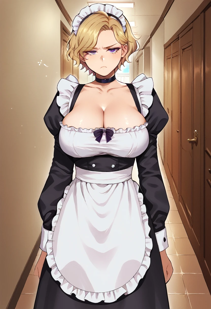 score_9, score_8_up, score_7_up, score_6_up, source_anime, 1girl, solo, mski, blonde hair, short hair, wavy hair, purple eyes, black choker, maid headdress, maid dress, puffy sleeves, apron, cleavage, big breasts, tired, annoyed, hallway, looking at you, pout