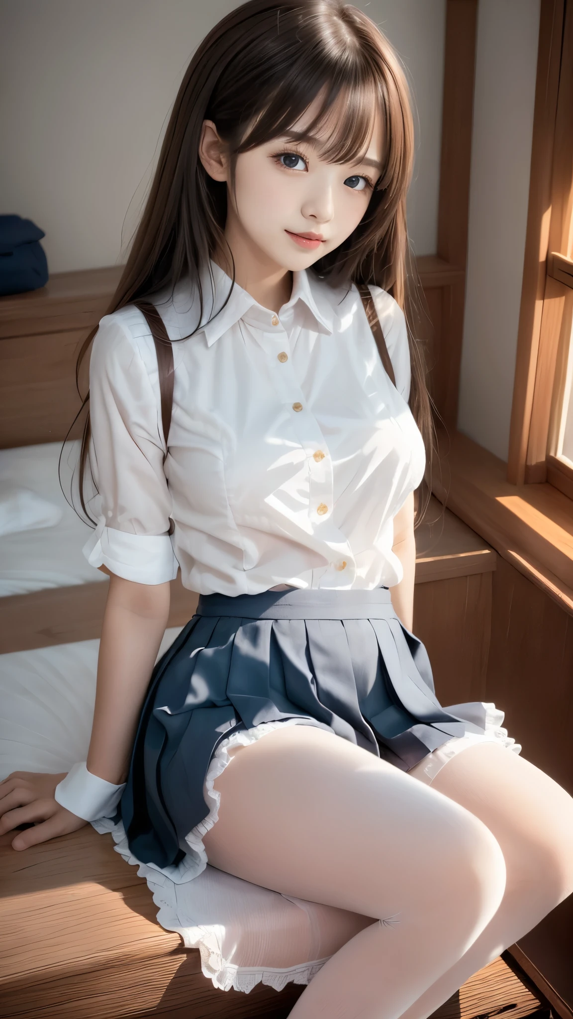 Best Quality, Ultra-realistic 8K CG, picture-perfect face, flawless, clean, masterpiece,  Professional Work,  Famous Artwork ,  perfect face, Beautiful small face,  beautiful eyes, High nose, Moisturizing Lips:1.3, ((Perfect Girl's Body )), (Slender body), beautiful girl, , Baby Face,  idol face, Alonrsive atmosphere,  chiaroscuro :1.5), A captivated look,  very detailed eyes and faces, Small beautiful breasts,  in the right hand,  depth of field , Realistic:1.3, 1 girl in, shirt,  mini pleated skirt ,  Japan School Uniform,  at dawn, full body, ( Ambient Lighting :1.3), (Cinematic composition:1.3), ( neon light:0.1), (nffsw:0.1),  Accent Lighting , ( White Pantyhose ), A neat and clean woman, (Detailed hands:1.3, Perfectly right move:1.1), ( Tight Waist), (Detailed legs,  thin thighs,  beautiful feet:1.2), Frills