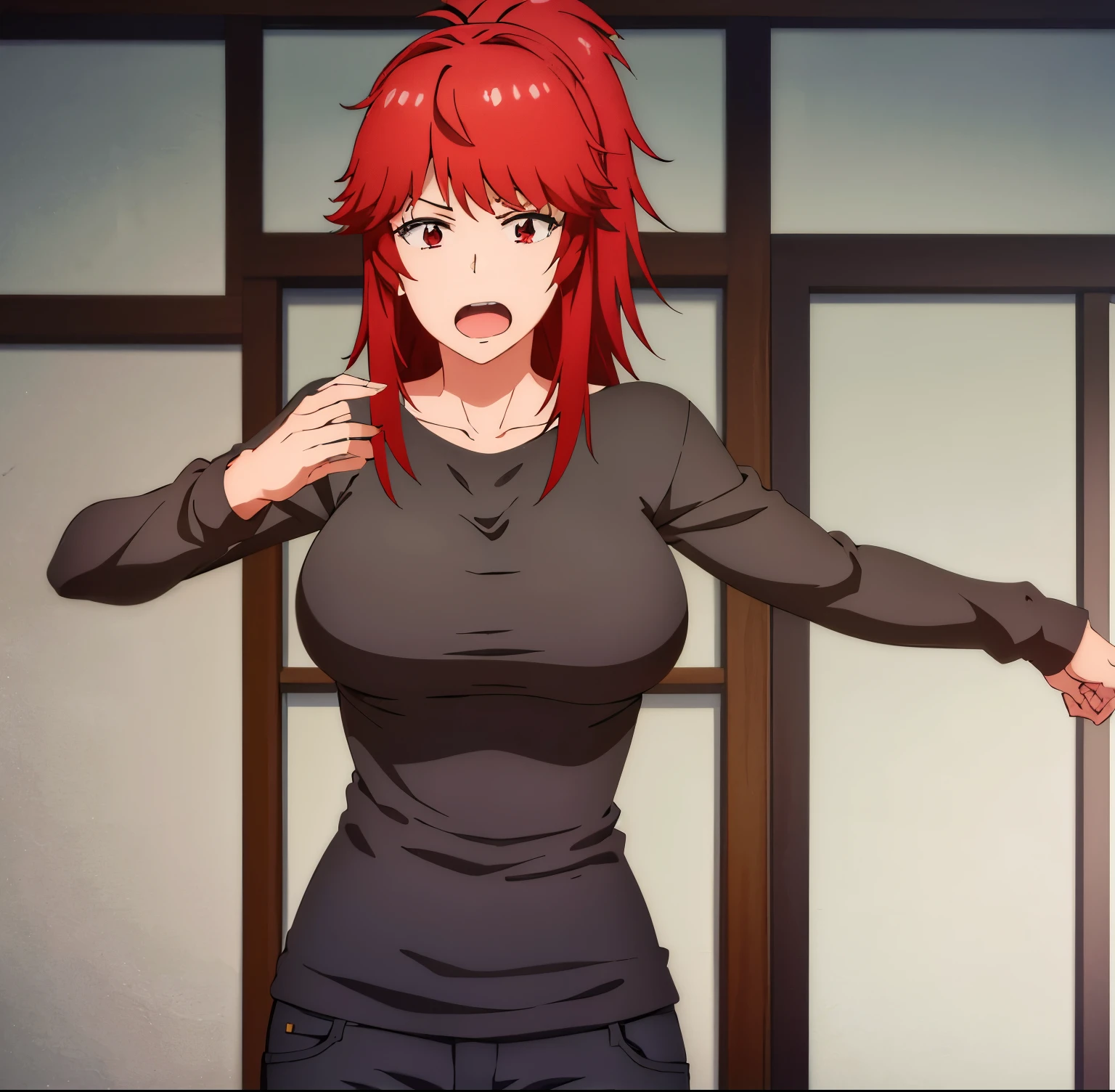 1girl,alone,akemi aizawa,masterpiece,best quality,solo,long hair,hair red, red eyes, ponytail breasts, looking at viewer, open mouth, bangs, black shirt, long sleeves, blue jeans, tight pants, large breasts, medium waist, wide hips, medium thighs, side locks, red hair, indoors, medium hair, hand on hip, black shirt, tall, perfect anatomy, perfect hands, milf, from below:1.6