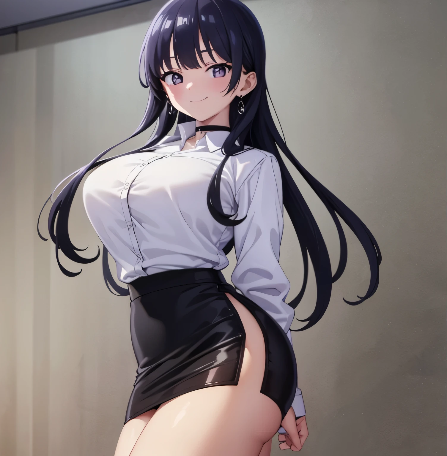 8k, highres, ultra detailed, (masterpiece:1.4), best quality, symmetrical body, (white shirt:1.4), (black pencil leather skirt:1.4), choker, cute, solo, earrings, long hair, dark purple hair, Brown eyes, glow effect, finely eye, grinning, wide smile, detailed face, looking at viewer, smilling at viewer, office, standing, angled view, big breasts, teasing, seductive look