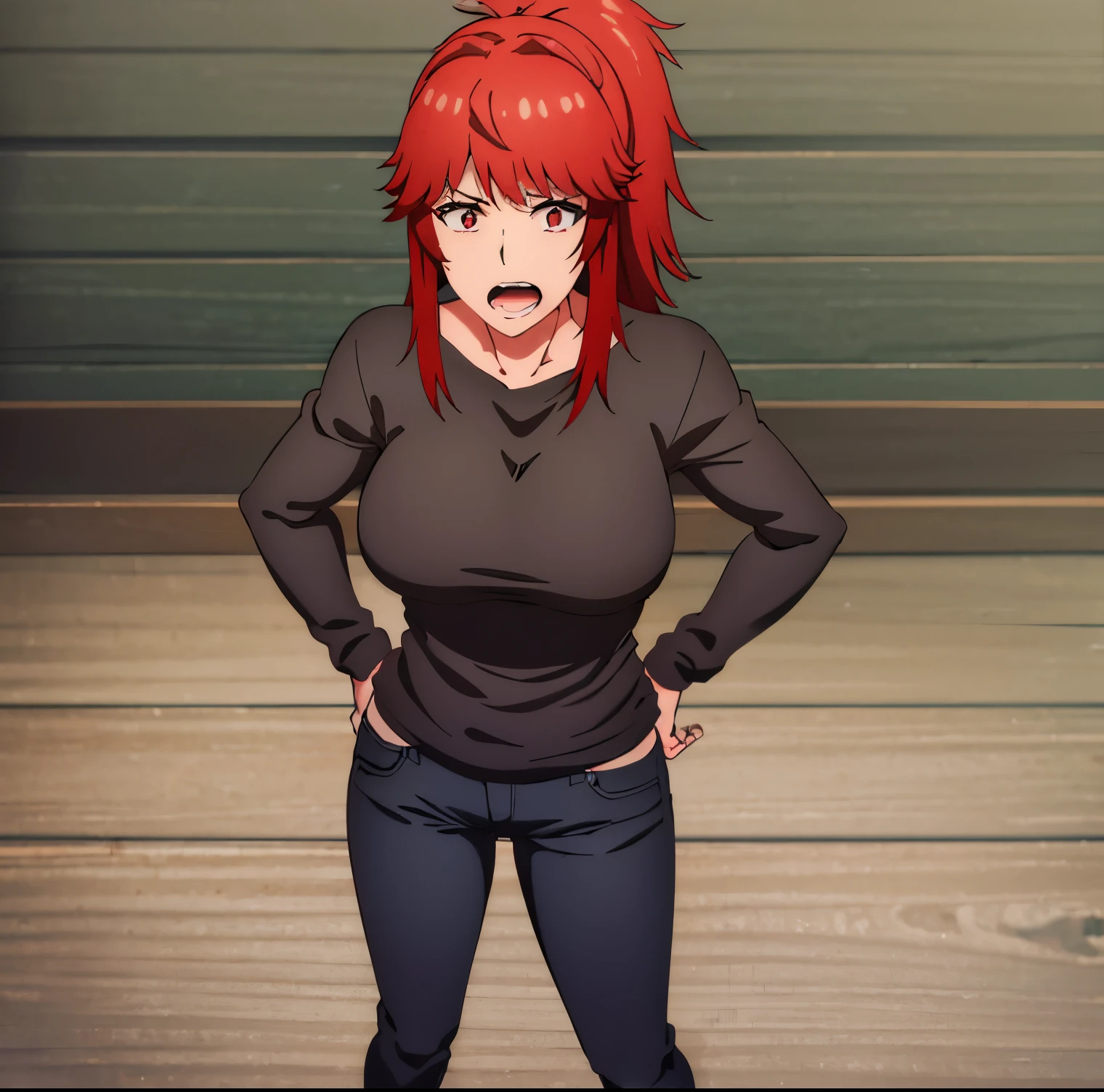 1 girl, alone, akemi aizawa, masterpiece, best quality, solo, long hair, red hair, red eyes, breasts in ponytail, looking at viewer, open mouth, bangs, black shirt, long sleeves, blue jeans, pants tight, big breasts, medium waist, wide hips, medium thighs, side locks, red hair, indoors, medium hair, hand on hip, black shirt, tall, perfect anatomy, perfect hands, milf, pov (from above)