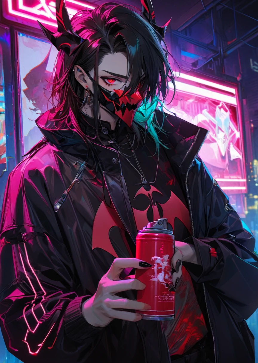 ” a male character wearing a black and red mask with a drawing of demon fangs,  clothing engraved with the name “Ketzuki Jarewor ", In one hand he holds a neon spray can ,cyberpunk theme,l2v , Extremely detailed image,neon light, masterpiece ,high detail,eyes, Best quality