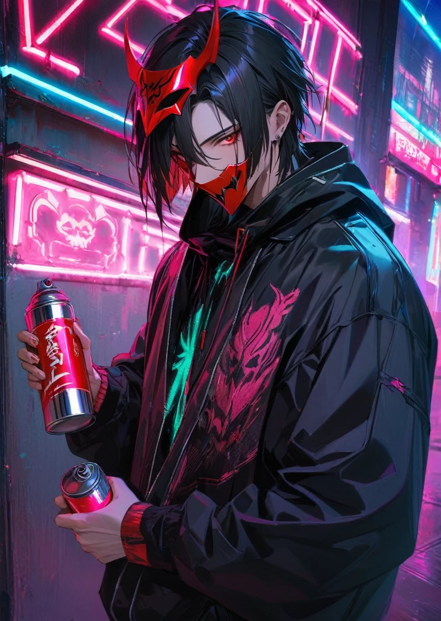 ” a male character wearing a black and red mask with a drawing of demon fangs,  clothing engraved with the name “Ketzuki Jarewor ", In one hand he holds a neon spray can ,cyberpunk theme,l2v , Extremely detailed image,neon light, masterpiece ,high detail,eyes, Best quality