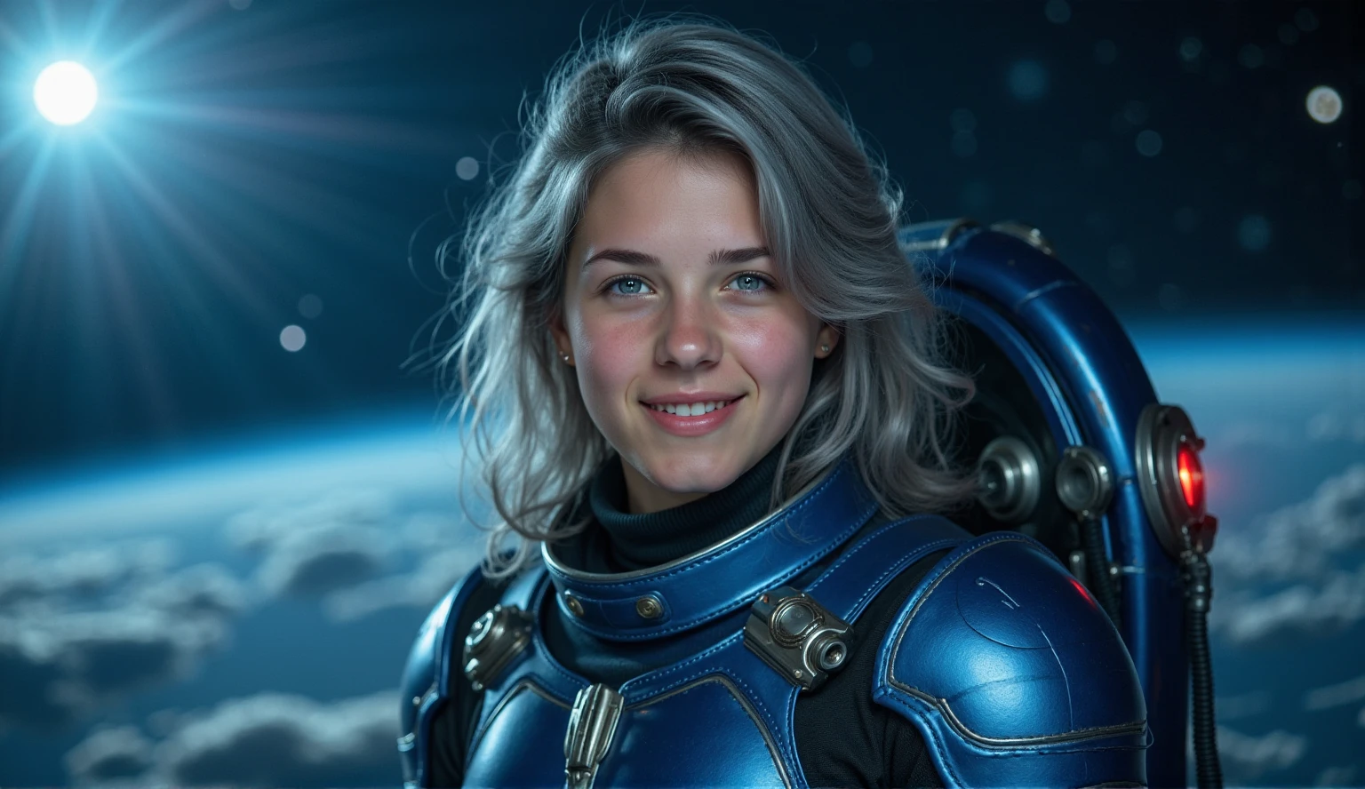 Best Quality, Ultra High Resolution, (Realism: 1.4), Depth of Field, Beautiful Face, (PureErosFace_V1: 0.8), Halfbody, | | 1girl, medium chest, (gray hair: 1.3), innocent smile, natural makeup, | | | Model pose, | | (Spacesuit: 1.3), (Blue Armor: 1.3), Exquisite Design, | | Space Background, Stars_(Sky), Moonlight, Night, | |