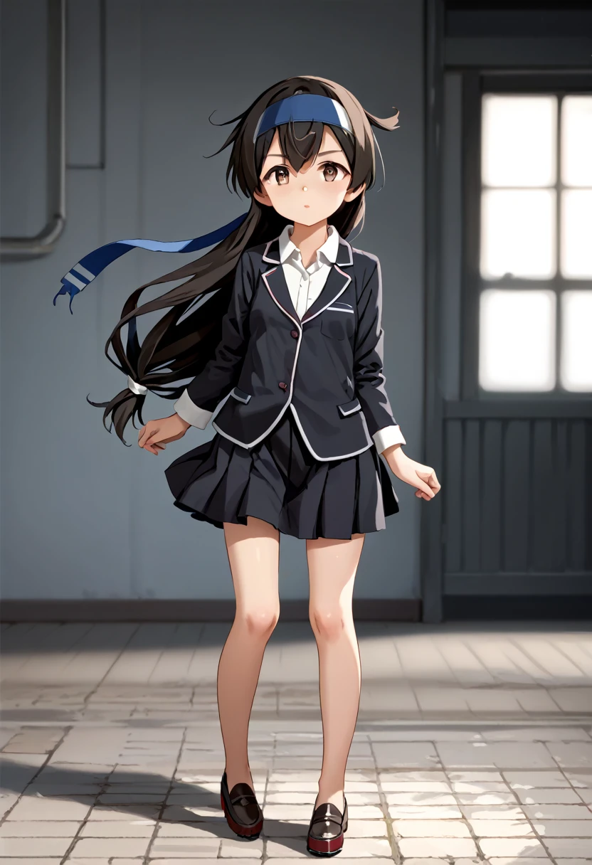 score_9,score_8_up,score_7_up,source_anime,cowboy shot,Idealized Forms,Natural Light,details background,blurry background,extremely detailed,1girl,(aga),hatsushimo(kancolle),brown eyes,(left(white)right(blue))headband,(black)long hair,(low-tied)hair,(black)hair,small breasts,(petite),shirt,blazer,black skirt,single thighhigh, three view drawing, front and back and side,full body,simple background,