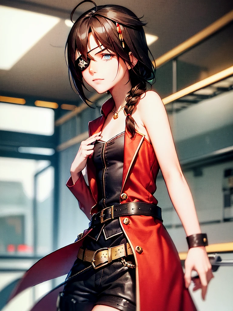 1girl, Shigure, petite, small, short, (brown hair), blue eye, braided hair, pirate outfit, (pirate eyepatch), red coat, black clothes, gold trim, piercings, cowboy shot, flat background, greenscreen
