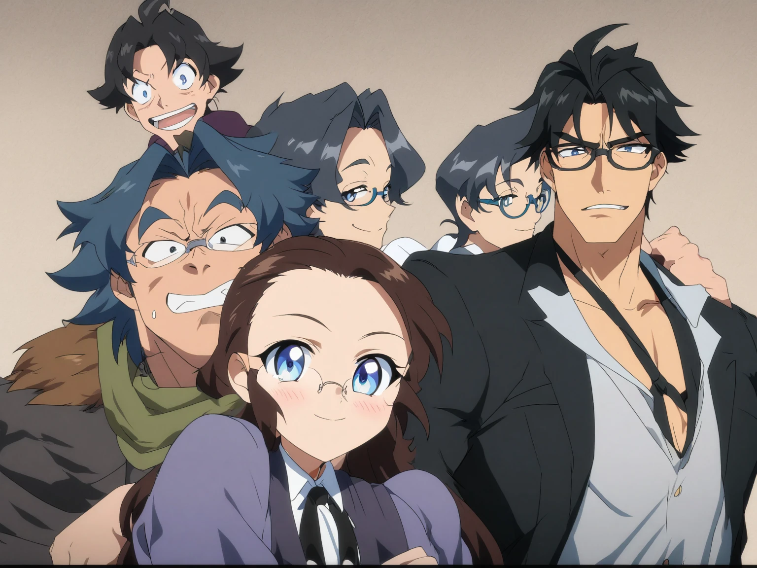 anime boy with glasses and tie looking at the camera, inspired by Okumura Togyu, anime moe artstyle, 2 d anime style, tall anime guy with blue eyes, inspired by Okumura Masanobu, anime boy, young anime man, made with anime painter studio, [[[[grinning evily]]]], with glasses