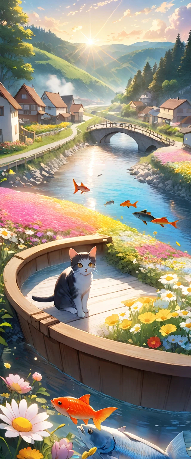  Golden Eyes ,  Fisher male's clothes , fish, Fish tub ,  bridge , river, 魚がriverで泳いでいます , sun, morning, Flower Field, Beautiful flowers ,  kittens eat fish  , Far away, village , Far away there is a forest , riverのそばには寂しい家があります