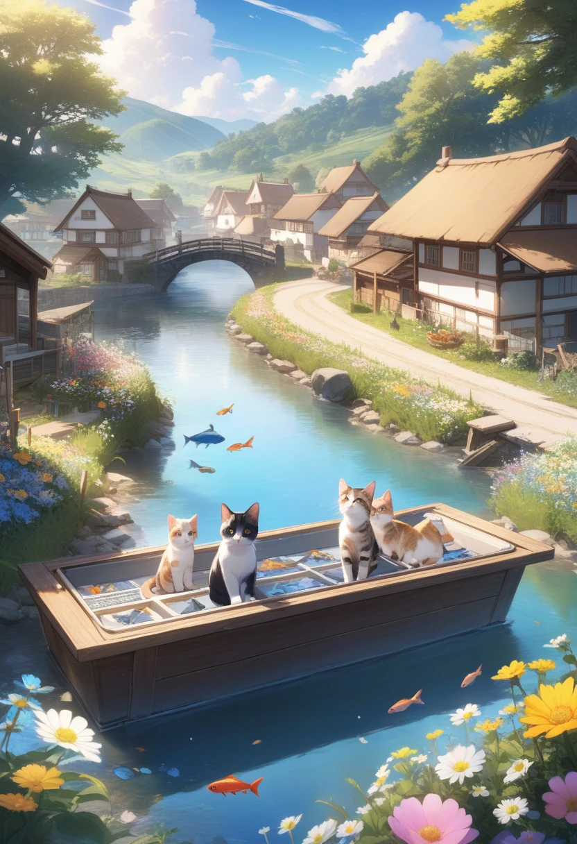  Golden Eyes ,  Fisher male's clothes , fish, Fish tub ,  bridge , river, 魚がriverで泳いでいます , sun, morning, Flower Field, Beautiful flowers ,  kittens eat fish  , Far away, village , Far away there is a forest , riverのそばには寂しい家があります