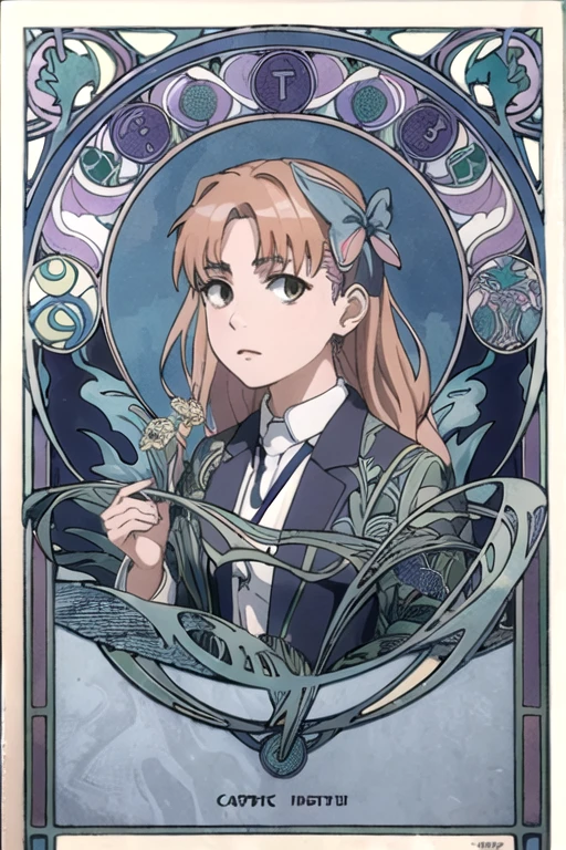 Maximalism,absurdres,masterpiece, best quality, a game Tarot style card (art nouveau:1.5), (zentangle:1.3), BREAK one girl, (Kuroko Shirai:1.5), card background is (lightning:1.3), looking viewer, clear face, purity, brown hair, , Railgun