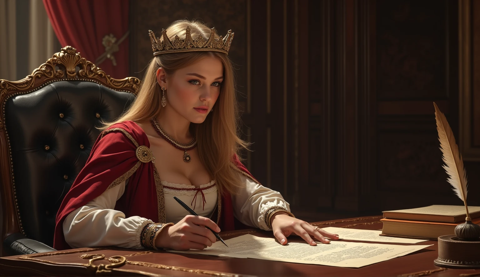 (Masterpiece: 1.2, Best Quality), Realistic, (Realistic Picture, Complex Details, Depth of Field), Best Quality, Masterpiece, Highly Detailed, Semi Realistic, 1 Girl, Mature Female, 21 Years Old, Blond Hair, Shoulder length Short Hair, Left Eye Covered with Hair, Blue Eyes, King's Clothes, Red Cloak, Slim Figure, Crown Made of Precious Gold, Reading Documents, Marking Documents, Goose Hair Pen, Office Table, Soft Bench, Palace, In the palace, during the Middle Ages