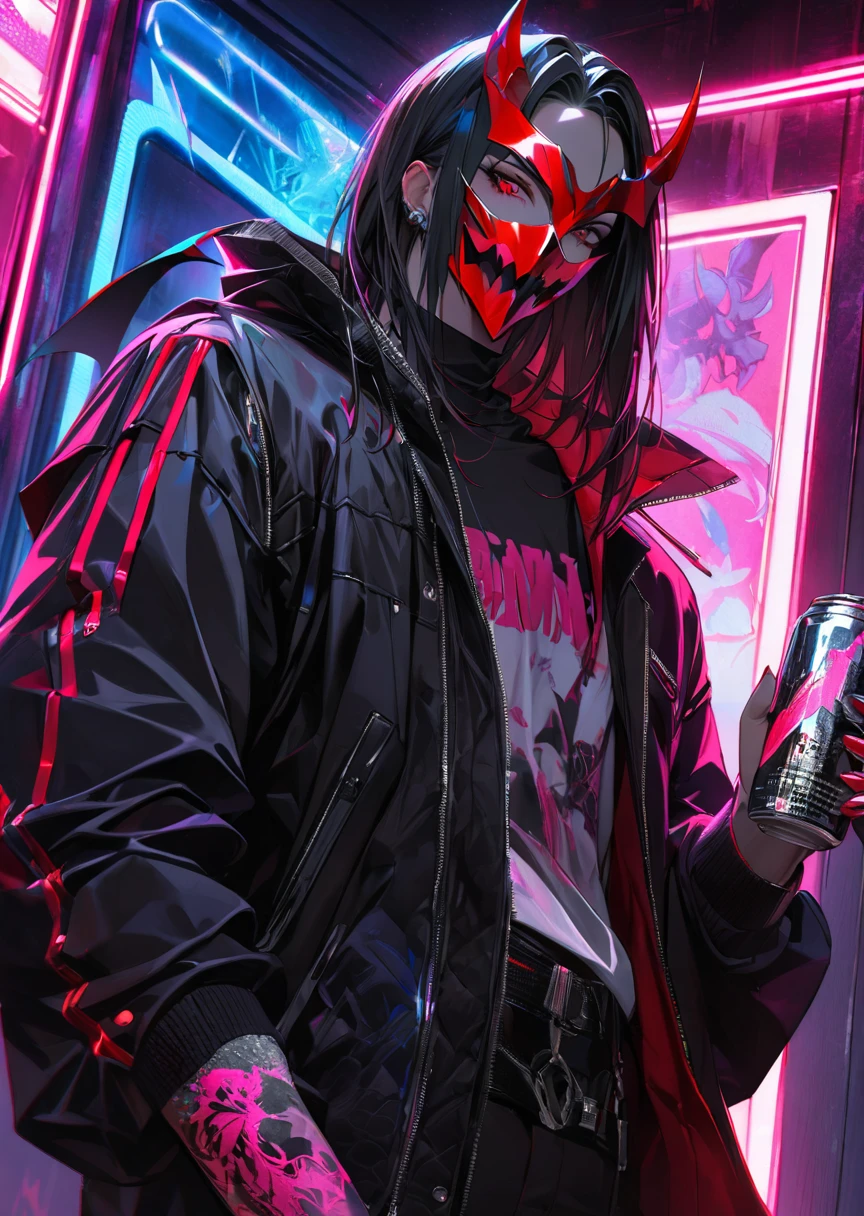 ” a male character wearing a black and red mask with a drawing of demon fangs,  clothes engraved with the name : Ketzuki Jarewor , In one hand holds a can of neon spray  ,cyberpunk theme,l2v  ,  Extremely detailed image,neon light,  masterpiece  , High level of detail ,eyes,  Best quality