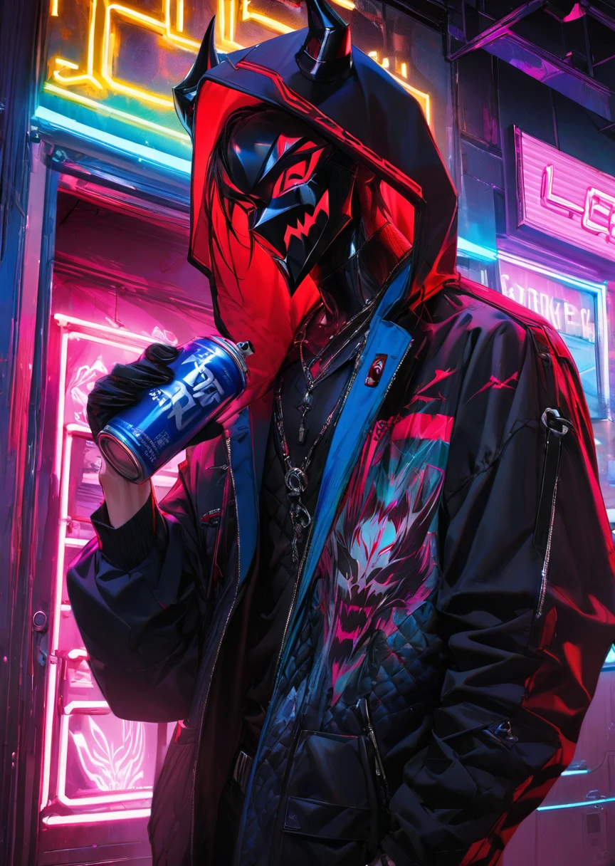 ” a male character wearing a black and red mask with a drawing of demon fangs,  clothes engraved with the name : Ketzuki Jarewor , In one hand holds a can of neon spray  ,cyberpunk theme,l2v  ,  Extremely detailed image,neon light,  masterpiece  , High level of detail ,eyes,  Best quality