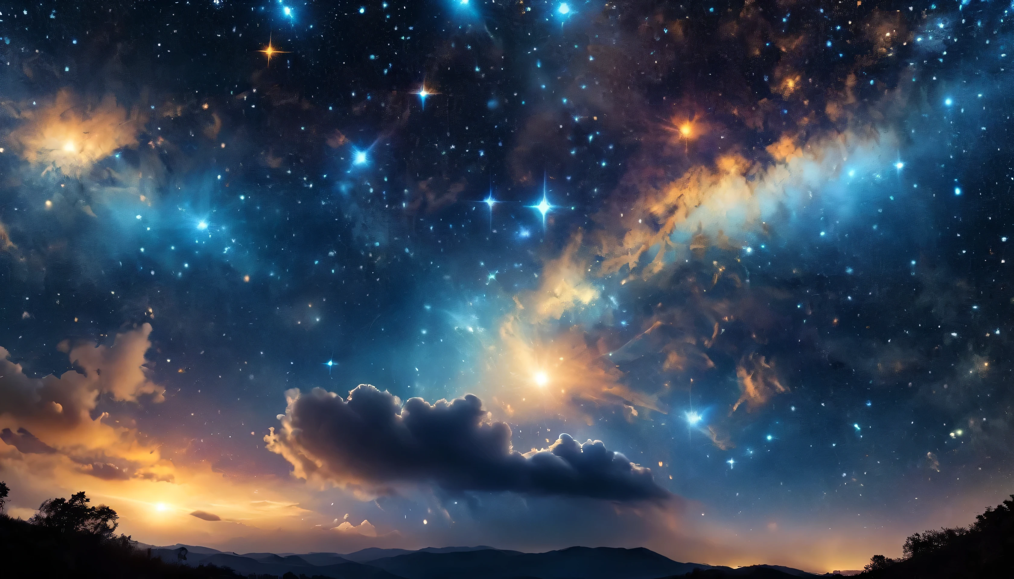  The image depicts the universe  ,  Starry night sky , filled with numerous small stars and nebulae,   creating a deep sky atmosphere filled with many small stars and nebulae .