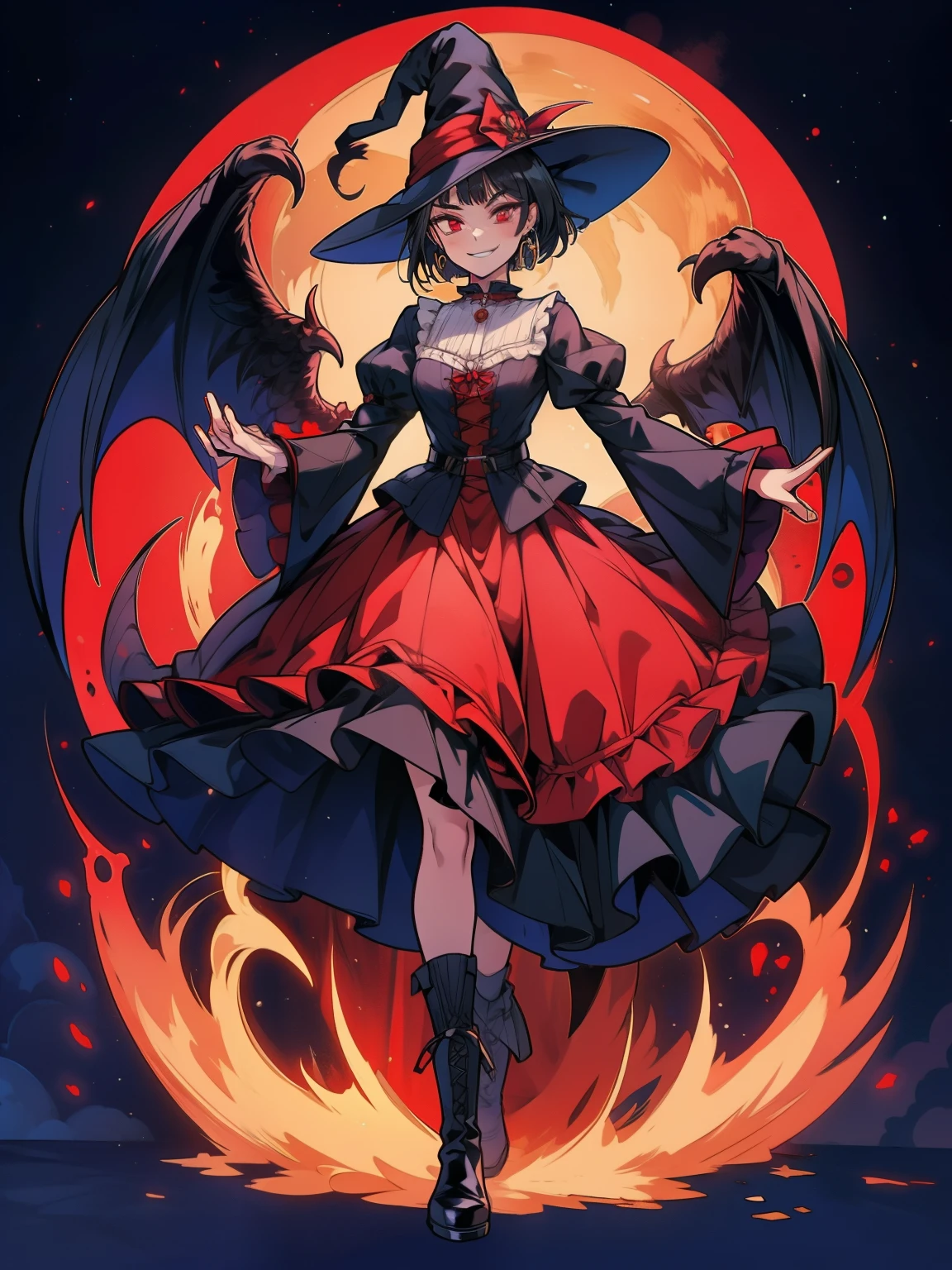 tall female, short black hair, witch, red eyes, earrings, smug smile, puffy shirt, long sleeves, skirt, stockings, ankle boots, gothic scenery, witch hat, background, mansion, full body shot