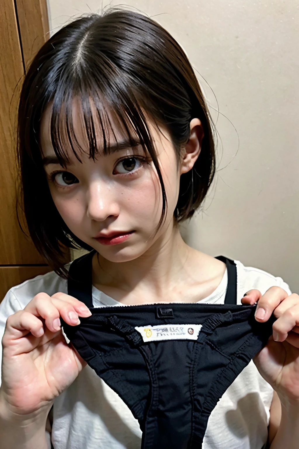 Cinematic photo of lusty Japanese girl shyly holding her shirt half open with her hands to tease the viewer, Short Bob,smile,Sexy Underwear,RAW Candid Cinema, 16mm, Color graded Portra 400 film, Great color textured skin, Incredibly fine pupils, Skin noise, Visible pores, Filmed with a movie camera,Full-body portrait with expressive eyes, Small breasts,Cleavage