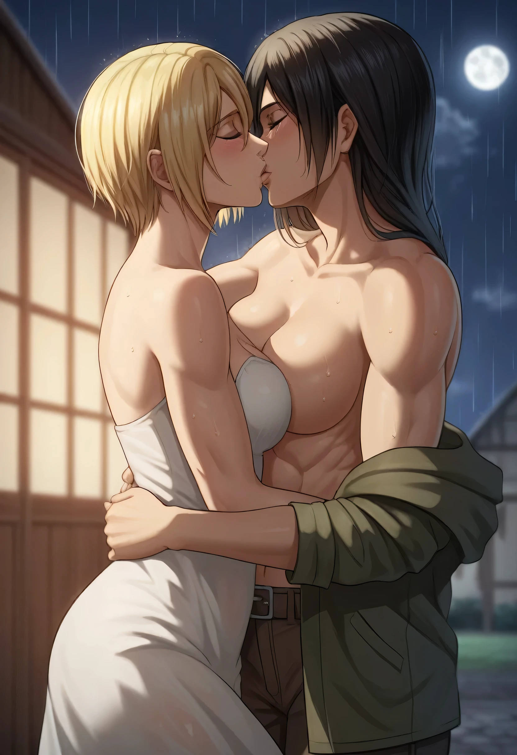 score_9, score_8_up, score_7_up, BREAK source_anime, historia reiss, blue eyes, blonde hair, long hair, medium breasts, long white dress sleeveless,female black hair soldier hugs historia,Mikasa with historia hugs,mikasa wreanig open green jacket and black combat pants,Mikasa female with short hair,mikasa female medium breasts,eyes closed,in night,moon in sky,mikasa final season,mikasa,Mikasa hugs historia،mikasa femboy,mikasa final season,historia blonde hair,hugs and kissing,mikasa carrying historia and kissing her,Mikasa lifts Historia up and kisses her.in middle night,raining outside,mikasa final season,girls kissing,girl×girl,lesbians,yuri,romantic wallpapers,historia sitting on mikasa and kissing her,Mikasa in both hands touch historia ass, raining,wet body's,water dropped on mikasa and historia body's,mikasa final season design,character's from season 4,historia crying while kissing mikasa,crying both,one of Historia hands touch mikasa abs,romantic kissing,mikasa abs appear in her open jacket,historia blonde long hair skinny and soft and cute body,mikasa lean muscles body,mikasa pixie cut hairstyle,perfect generates 