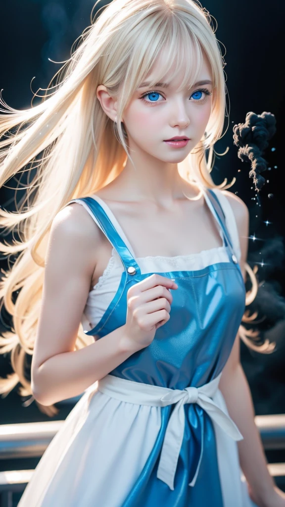 The Highest Quality、Ultra high Resolution、Photograph、Ultimate Beauty、Photo of a bright beautiful and cute beautiful girl、detailed Face、(PureErosface_V1:0.008)、Glossy white beautiful skin、Alice in Wonderland、13 years old、Beautiful bangs、Silky shiny platinum blonde super long straight hair、Beautiful light blue eyes that shine、white apron、blue dress、Leaning forward、