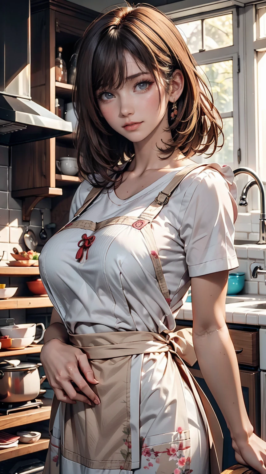  girl, Classic Bob, apron,  Amazing body ,   refined details , Big Breasts, kitchen, [Ash Blonde | ginger |  Pink Hair], Freckles,  Closeup portrait of a perfect Japanese mature  