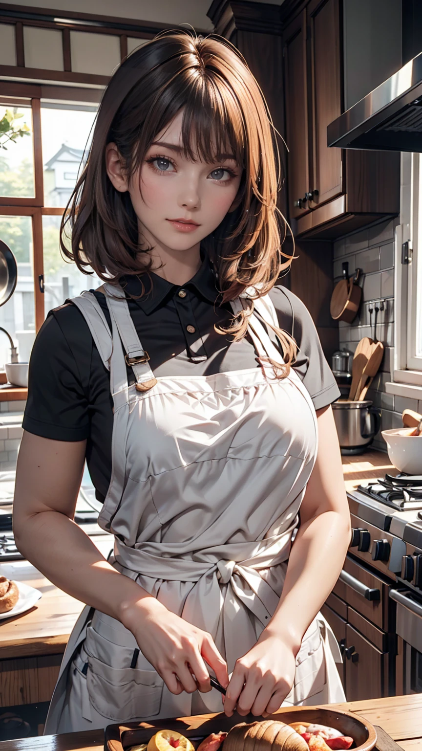  girl, Classic Bob, apron,  Amazing body ,   refined details , Big Breasts, kitchen, [Ash Blonde | ginger |  Pink Hair], Freckles,  Closeup portrait of a perfect Japanese mature  