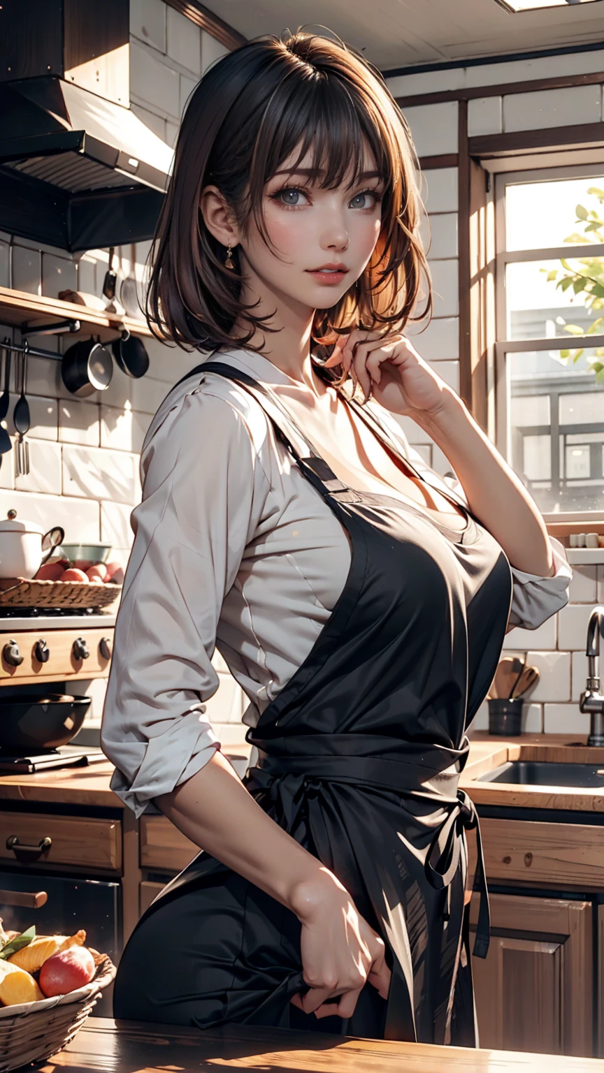  girl, Classic Bob, apron,  Amazing body ,   refined details , Big Breasts, kitchen, [Ash Blonde | ginger |  Pink Hair], Freckles,  Closeup portrait of a perfect Japanese mature  