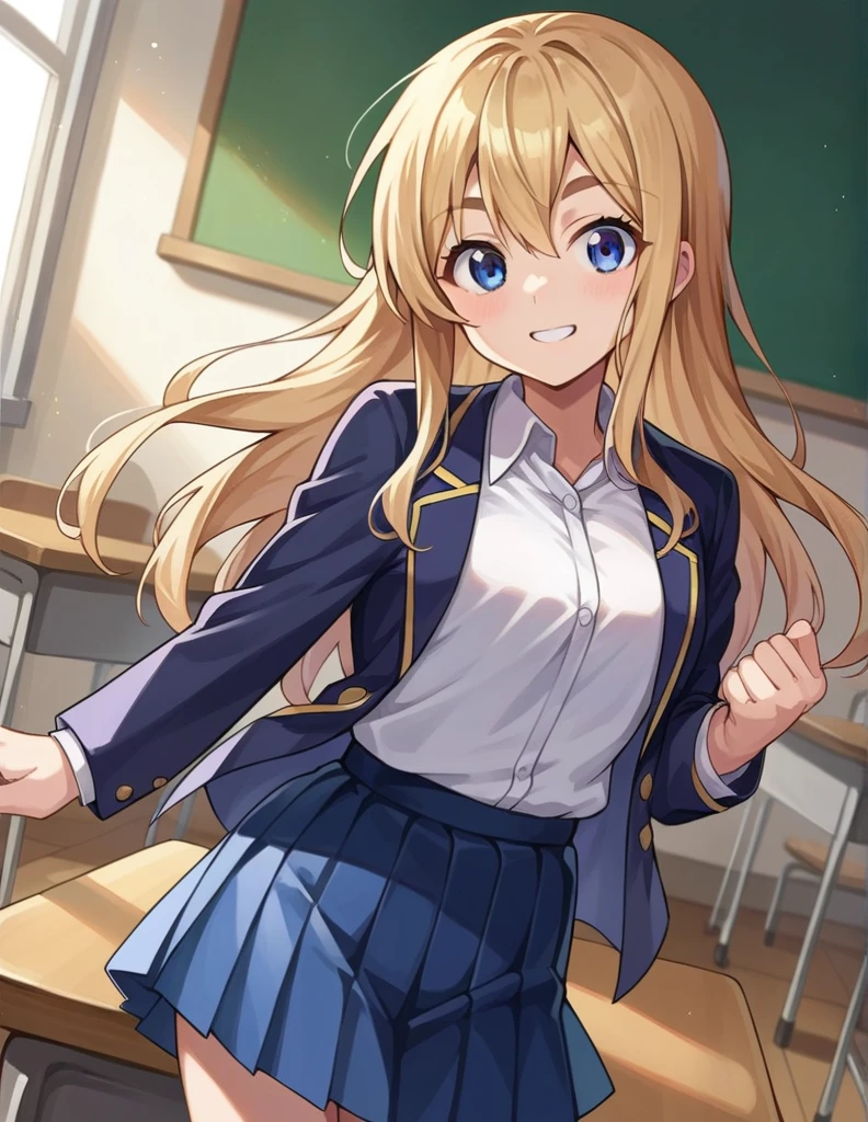 score_9, score_8_up, score_7_up, source_anime,
tsumugikotobuki, tsumugi kotobuki, long hair, blue eyes, blonde hair, thick eyebrows, smile,
sakuragaoka high school uniform, school uniform, uniform, blazer, shirt, white shirt, collared shirt, skirt, pleated skirt,
indoors, classroom,
looking at viewer, cowboy shot, dutch angle, dynamic pose,