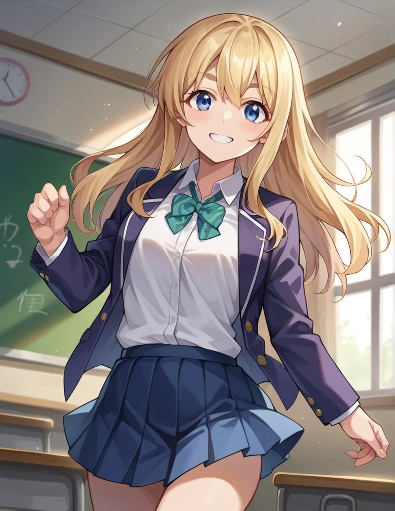 score_9, score_8_up, score_7_up, source_anime,
tsumugikotobuki, tsumugi kotobuki, long hair, blue eyes, blonde hair, thick eyebrows, smile,
sakuragaoka high school uniform, school uniform, uniform, blazer, shirt, white shirt, collared shirt, skirt, pleated skirt,
indoors, classroom,
looking at viewer, cowboy shot, dutch angle, dynamic pose,