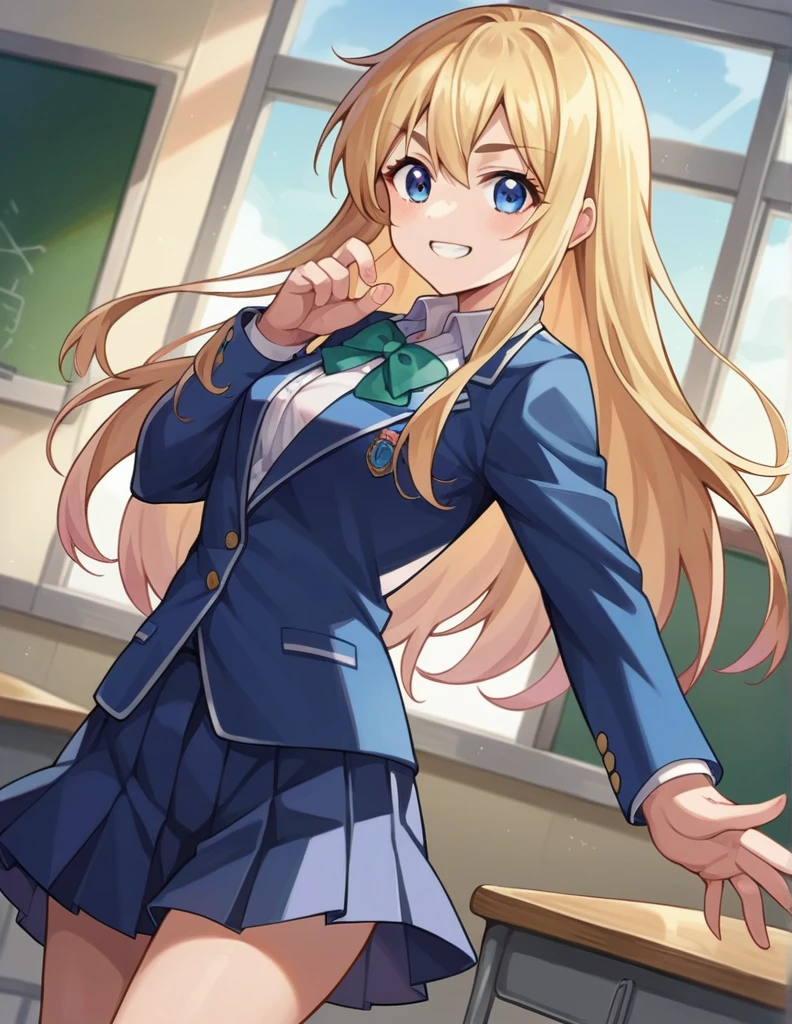 score_9, score_8_up, score_7_up, source_anime,
tsumugikotobuki, tsumugi kotobuki, long hair, blue eyes, blonde hair, thick eyebrows, smile,
sakuragaoka high school uniform, school uniform, uniform, blazer, shirt, white shirt, collared shirt, skirt, pleated skirt,
indoors, classroom,
looking at viewer, cowboy shot, dutch angle, dynamic pose,