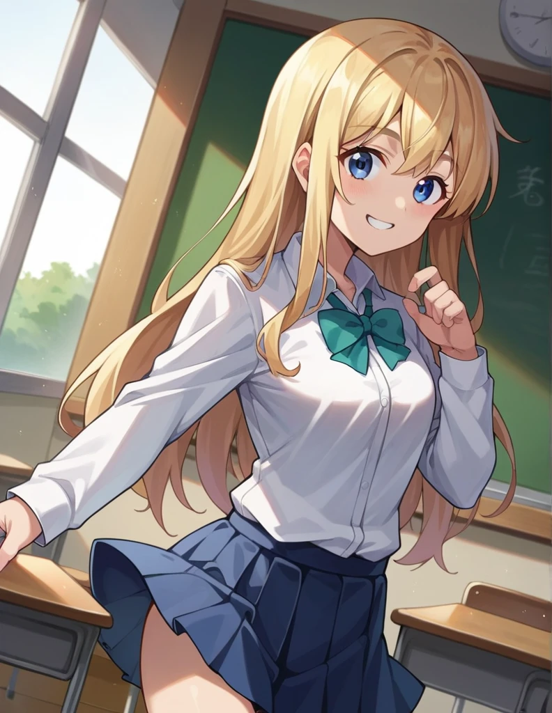 score_9, score_8_up, score_7_up, source_anime,
tsumugikotobuki, tsumugi kotobuki, long hair, blue eyes, blonde hair, thick eyebrows, smile,
sakuragaoka high school uniform, school uniform, uniform, blazer, shirt, white shirt, collared shirt, skirt, pleated skirt,
indoors, classroom,
looking at viewer, cowboy shot, dutch angle, dynamic pose,