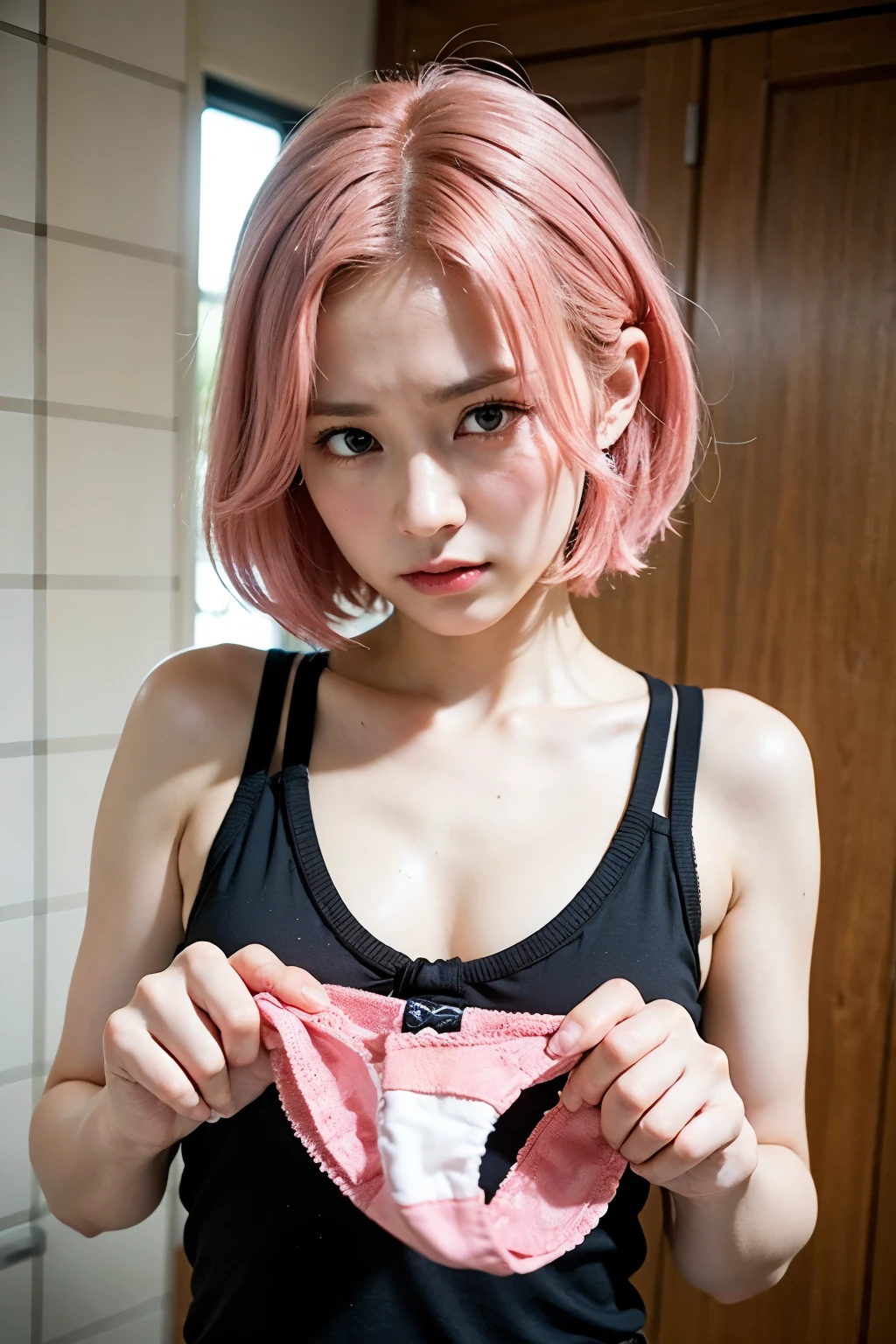 very large pink panties、 short hair、 focus on the upper body 、Panties in front、 panties、Heart print panties、 Adorable Panties 、((Glare、Contempt、Bad mood、Angry face))、locker room、 competitive swimsuit、Blonde