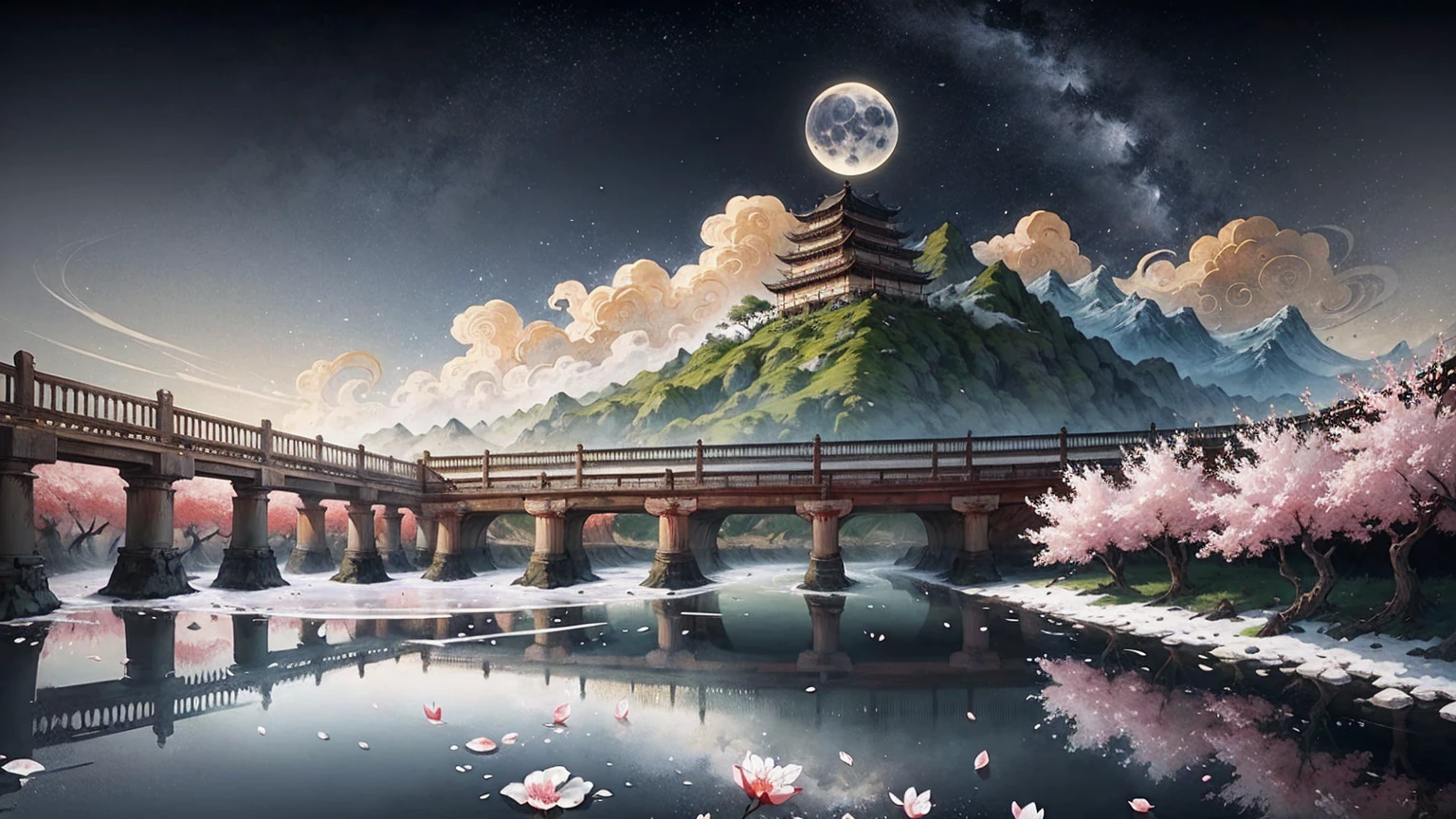 ancient Japan landscape, mountain, river, cherry blossom, auspicious clouds, magnificent structure, moonlight, white background, masterpiece, super detail, magnificent composition, ultra hd, high quality, highly detailed, official art, unified 8k wallpaper, super detail, 32k -- v 6