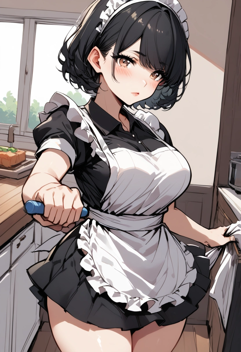 A hot young girl in the kitchen, dressed as a sexy maid ((  short hair is black)) big body, Cleaning the house without panties, of four , 