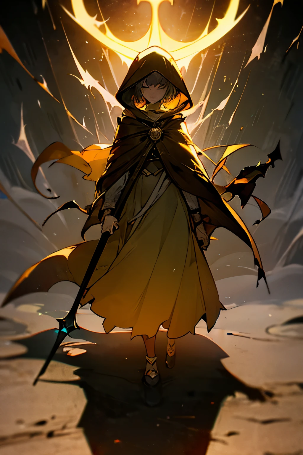 Luce, the young exorcist, stands firm in a dim urban alley, cloaked in her distinctive yellow raincoat with the hood up, creating a protective aura around her. Her coat, slightly weathered from past encounters, contrasts sharply against the gritty darkness, symbolizing her resilience and divine protection. She grips her phosphorescent, two-pronged staff in her right hand, casting a greenish glow that illuminates her figure and pushes back the surrounding shadows.

Her eyes, adorned with scallop shell motifs, shine with fierce determination, symbolizing her hope and inner light as she faces a swirling, menacing demon—a chaotic cloud of white smoke filled with claw-like shapes. Her orange missionary cross rests visibly on her chest, radiating a warm glow that highlights her compassion even in the face of darkness.

The gritty alley is filled with cracked walls and debris, lit only by Luce’s glowing staff, casting deep shadows and creating a dramatic chiaroscuro effect. She stands grounded, her expression a blend of youthful innocence and unyielding courage, embodying both vulnerability and strength. This scene captures Luce as a steadfast beacon of hope, prepared to confront the forces of evil with unwavering faith and resolve.