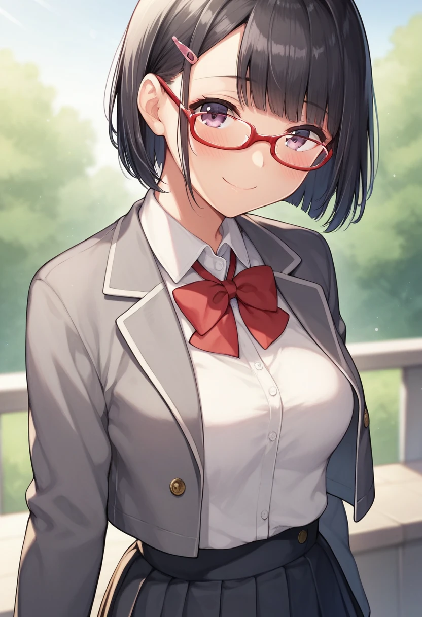 score_9,score_8_up,score_7_up,score_6_up BREAK official art,solo,outdoors,upper body,(portrait:1.5),looking at viewer,facing viewer,smile,blush,Taniyama Sayaka,black hair,short hair,shiny hair,bob cut,hair ornament,hairclip,blunt bangs,purple eyes,semi-rimless eyewear,red-framed eyewear,school uniform,grey jacket,cropped jacket,open jacket,wing collar,red bowtie,black dress,pleated dress,double-breasted,collared shirt,white shirt,medium breasts,long sleeves,white socks,loafers,brown footwear,