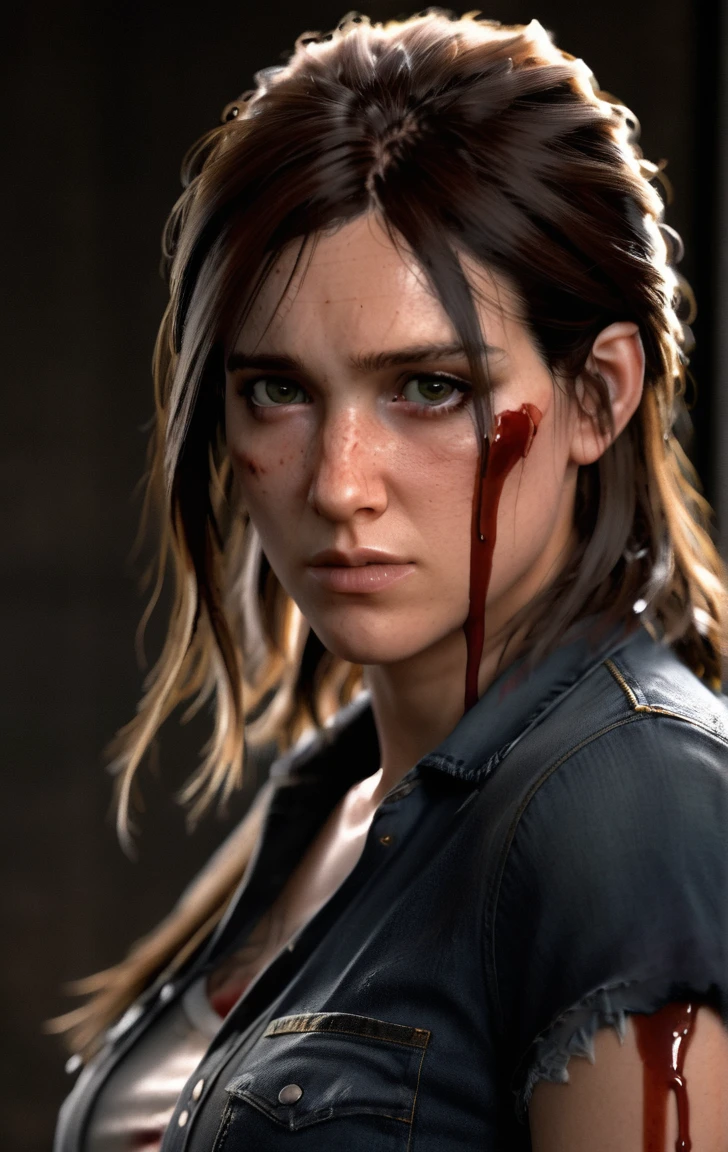 photo of ohxw, ellie, tattoo on left arm, woman, black jeans, close up, , very long length hair, face details, low key lighting, blood on her face. Sexy face   Shirt in bad shape cut on every side and blood with a bandage around her