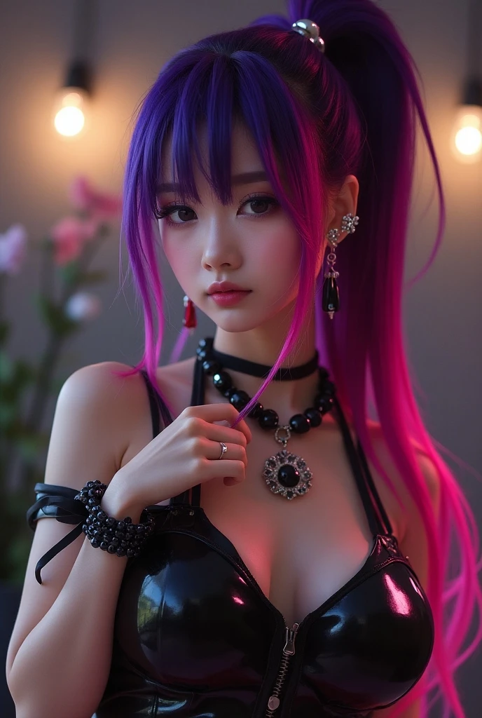 (nsfw), ultra realistic girl who controls poison, halloween, goth, gyaru, lip-gloss, gothic makeup, purple flowing hair, sparkling poisoned flower costume、、、、secrete poison, skull hair accessoires, sweet and sexy, seductive pose, shy, smile, flowers background