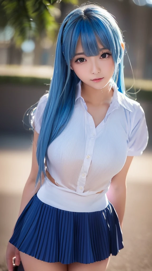 masterpiece, best quality, (anime screencap:1.4),(illustration), cute,(simple:1), (anime:1.2),solo sharp focus, 1girl, cleavage,looking at viewer, japan,beach, doyagao, open mouth,blue hair ((black skirt)),(simple white t-shirt)standing, side ponytail, nsfw, show off breasts,bottomless,(skirt lift:1.3) ,