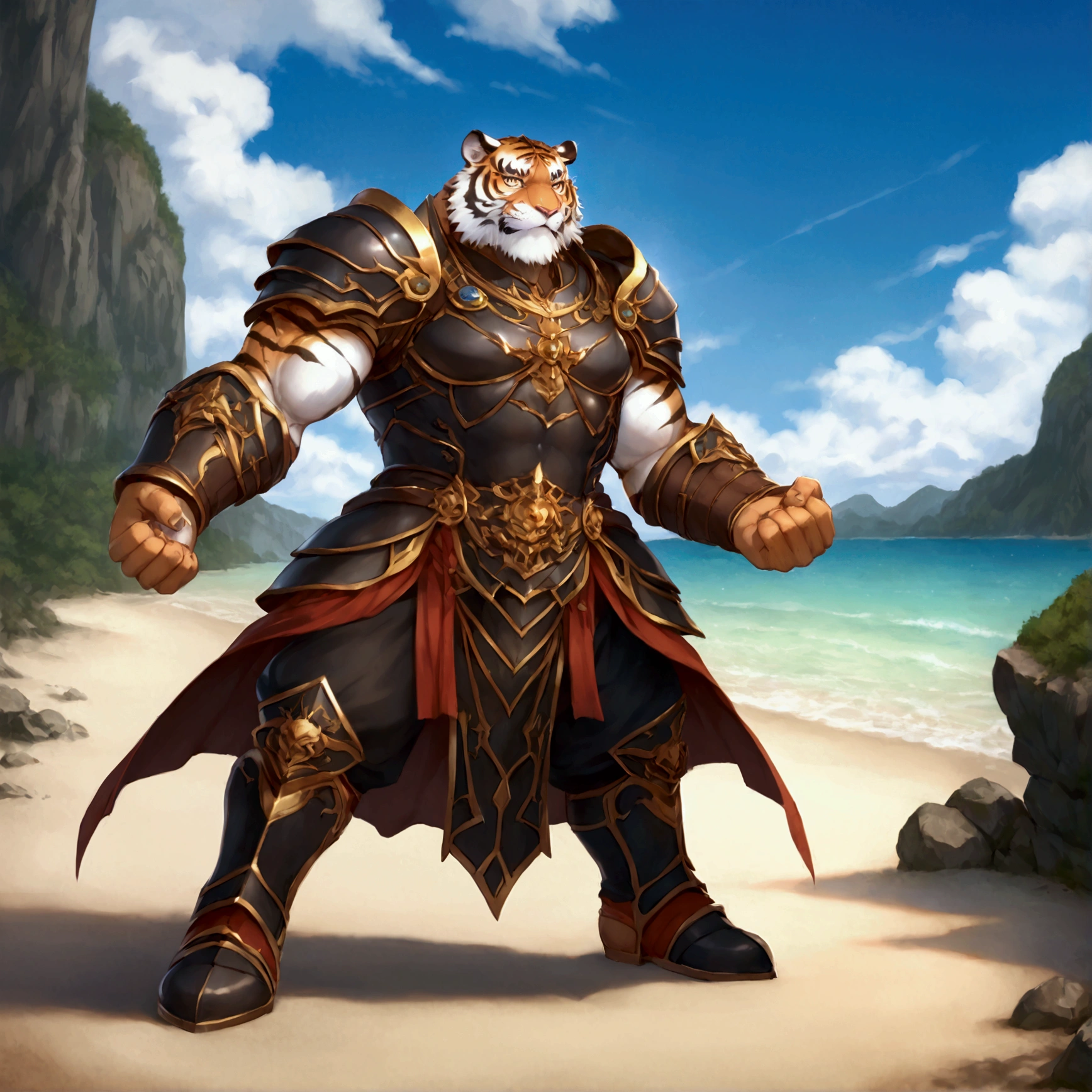 character focus, full body, looking away, various angle, european fantasy, a plump middle-aged tiger man, clothed, heroic costume, full armor, pants, dynamic pose, BREAK complete anatomy, perfect proportions, beautiful thigh gap, fluffy body, intricate fur details, beautiful fur texture, BREAK a detailed tiger tail, detailed boots, detailed foot, detailed hands, 5fingers, 5fingers nails, BREAK aesthetic anime face, insanity detailed face, male face, big face, square jawline, aesthetic anime eyes, detailed brown eyes, detailed brown cornea, detailed dark brown irises, detailed pupils, male eyes, big eyes, male eyebrows, innocent look, beautiful beard, BREAK full body in Michelangelo Buonarroti style, digital illustration anime, housamo style, detailed painting landscape, beach, path, outdoor, full color, HDR, BREAK masterpiece, official art, best quality, very aesthetic, absurdres, super fine illustration, great quality, BREAK noise reduction, very highres, large filesize, high quality, 32K, 8k wallpaper, dynamic lighting, BREAK insanity detailed, ultra detailed, intricate details, extremely detailed, detailed texture, an extremely delicate and beautiful, BREAK osukemo, e621 illustration, Fur Affinity illustration, kemohomo, anthropomorphic, furry, cartoon, harmonious body, pastoral face, virtuous eyes, epic atmosphere