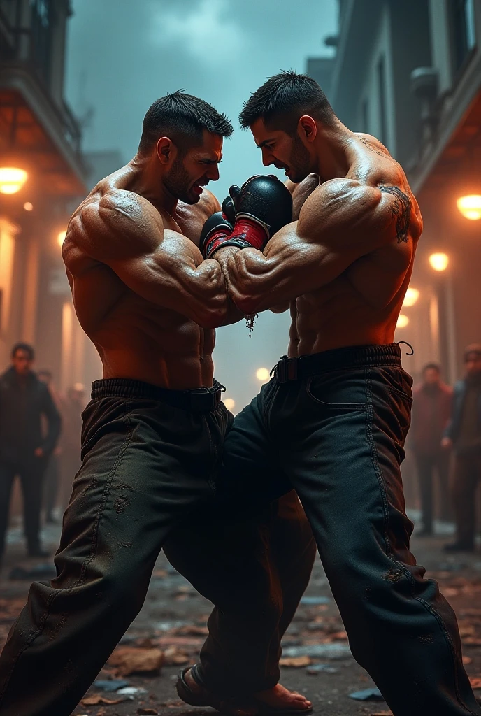 Men fighting with fists and kicks in the dark with the moon shining behind on the roof of a big city with lots of lights above