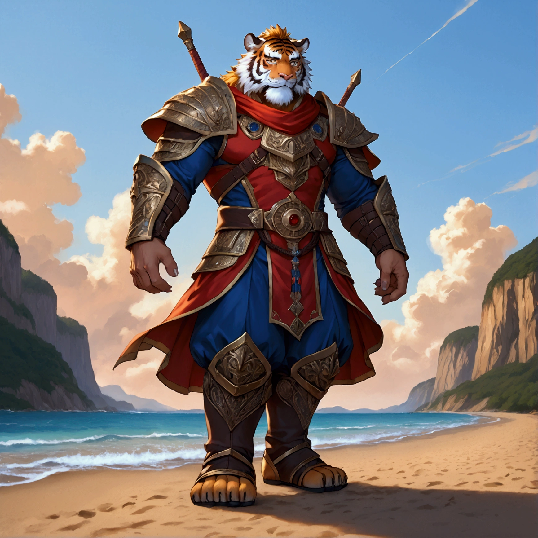 character focus, full body, looking away, various angle, european fantasy, a plump middle-aged tiger man, clothed, heroic costume, full armor, pants, dynamic pose, BREAK complete anatomy, perfect proportions, beautiful thigh gap, fluffy body, intricate fur details, beautiful fur texture, BREAK a detailed tiger tail, detailed boots, detailed foot, detailed hands, 5fingers, 5fingers nails, BREAK aesthetic anime face, insanity detailed face, male face, big face, square jawline, aesthetic anime eyes, detailed brown eyes, detailed brown cornea, detailed dark brown irises, detailed pupils, male eyes, big eyes, male eyebrows, innocent look, beautiful beard, BREAK full body in Michelangelo Buonarroti style, digital illustration anime, housamo style, detailed painting landscape, beach, path, outdoor, full color, HDR, BREAK masterpiece, official art, best quality, very aesthetic, absurdres, super fine illustration, great quality, BREAK noise reduction, very highres, large filesize, high quality, 32K, 8k wallpaper, dynamic lighting, BREAK insanity detailed, ultra detailed, intricate details, extremely detailed, detailed texture, an extremely delicate and beautiful, BREAK osukemo, e621 illustration, Fur Affinity illustration, kemohomo, anthropomorphic, furry, cartoon, harmonious body, pastoral face, virtuous eyes, epic atmosphere