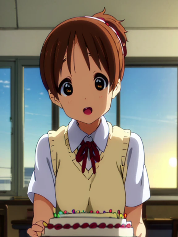 1girl, (((​masterpiece))), top-quality, top-quality, High Details,(((picture perfect))), 1girl, Alone, ui hirasawa, school uniform, sweater vest, short sleeves, looking at viewer, school, classroom, smile, short hair, hair tied, A brown-haired, brown-eyed, solo, reddish, Dark blue blazer with thin red ribbon, Solid white buttoned shirt under blazer, birthday party decorations, wearing birthday hats ,illustratio, comic strip, soothing tones, Subdued Color, Soft cinematic light, adobe lightroom, photolab, HDR, intricately and hyper-detailed、(((depth of fields))))。(((​masterpiece)))。(((top-quality))).)(( ultra-detailed)))。(((illustratio)))。(((takeout))).dynamic focus.big breasts.(((school))).(((A classroom))).(((Face of happy))). open mouth.(((hand bring a birthday cake))).(((up chest))).((morning glow)).((the setting sun)).