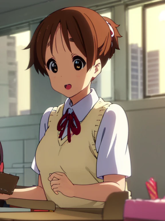 1girl, (((​masterpiece))), top-quality, top-quality, High Details,(((picture perfect))), 1girl, Alone, ui hirasawa, school uniform, sweater vest, short sleeves, looking at viewer, school, classroom, smile, short hair, hair tied, A brown-haired, brown-eyed, solo, reddish, Dark blue blazer with thin red ribbon, Solid white buttoned shirt under blazer, birthday party decorations, wearing birthday hats ,illustratio, comic strip, soothing tones, Subdued Color, Soft cinematic light, adobe lightroom, photolab, HDR, intricately and hyper-detailed、(((depth of fields))))。(((​masterpiece)))。(((top-quality))).)(( ultra-detailed)))。(((illustratio)))。(((takeout))).dynamic focus.big breasts.(((school))).(((A classroom))).(((Face of happy))). open mouth.(((hand bring a birthday cake))).(((up chest))).((morning glow)).((the setting sun)).