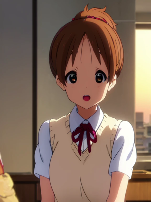 1girl, (((​masterpiece))), top-quality, top-quality, High Details,(((picture perfect))), 1girl, Alone, ui hirasawa, school uniform, sweater vest, short sleeves, looking at viewer, school, classroom, smile, short hair, hair tied, A brown-haired, brown-eyed, solo, reddish, Dark blue blazer with thin red ribbon, Solid white buttoned shirt under blazer, birthday party decorations, wearing birthday hats ,illustratio, comic strip, soothing tones, Subdued Color, Soft cinematic light, adobe lightroom, photolab, HDR, intricately and hyper-detailed、(((depth of fields))))。(((​masterpiece)))。(((top-quality))).)(( ultra-detailed)))。(((illustratio)))。(((takeout))).dynamic focus.big breasts.(((school))).(((A classroom))).(((Face of happy))). open mouth.(((hand bring a birthday cake))).(((up chest))).((morning glow)).((the setting sun)).