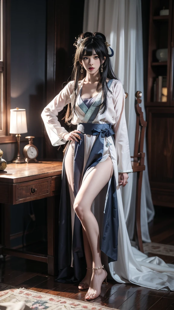 95 Style SBZQL ,Hanfu,  Chinese clothing, sash, Headband, skirt,  perspective ,Long sleeve, earrings, Jewelry, Anklets, bracelet,Suspect,tube skirt, Camisole Inside Clothes,
Long hair, Hair accessories,  bangs, (( 1 girl at home, Elegant Posture)),   Natural Leg Proportions  , 性感 beautiful 腿, Correct, 解剖学Correct,  You can see  ,  masterpiece , ( best quality , 4K, 8K,  High Resolution,  masterpiece :1.2),  extremely detailed , (Practical, photoPractical, photo-Practical:1.37),  Official Art , CG, 解剖学上Correct, [Random Scenes,   Random Shooting Angle  , Movie, photography,  Intricate Background ,  soft lighting,  Subtle shadows ,  Bright colors ,  Expressive Eyes ,  beautiful ,  Premium Boutique , Atmosphere,  Honest Moments ,   Natural Expression  , Detailed Textures,  Delicate details , Refined and elegant, Exquisite style,  Artistic Composition ,  beautiful ly presented.