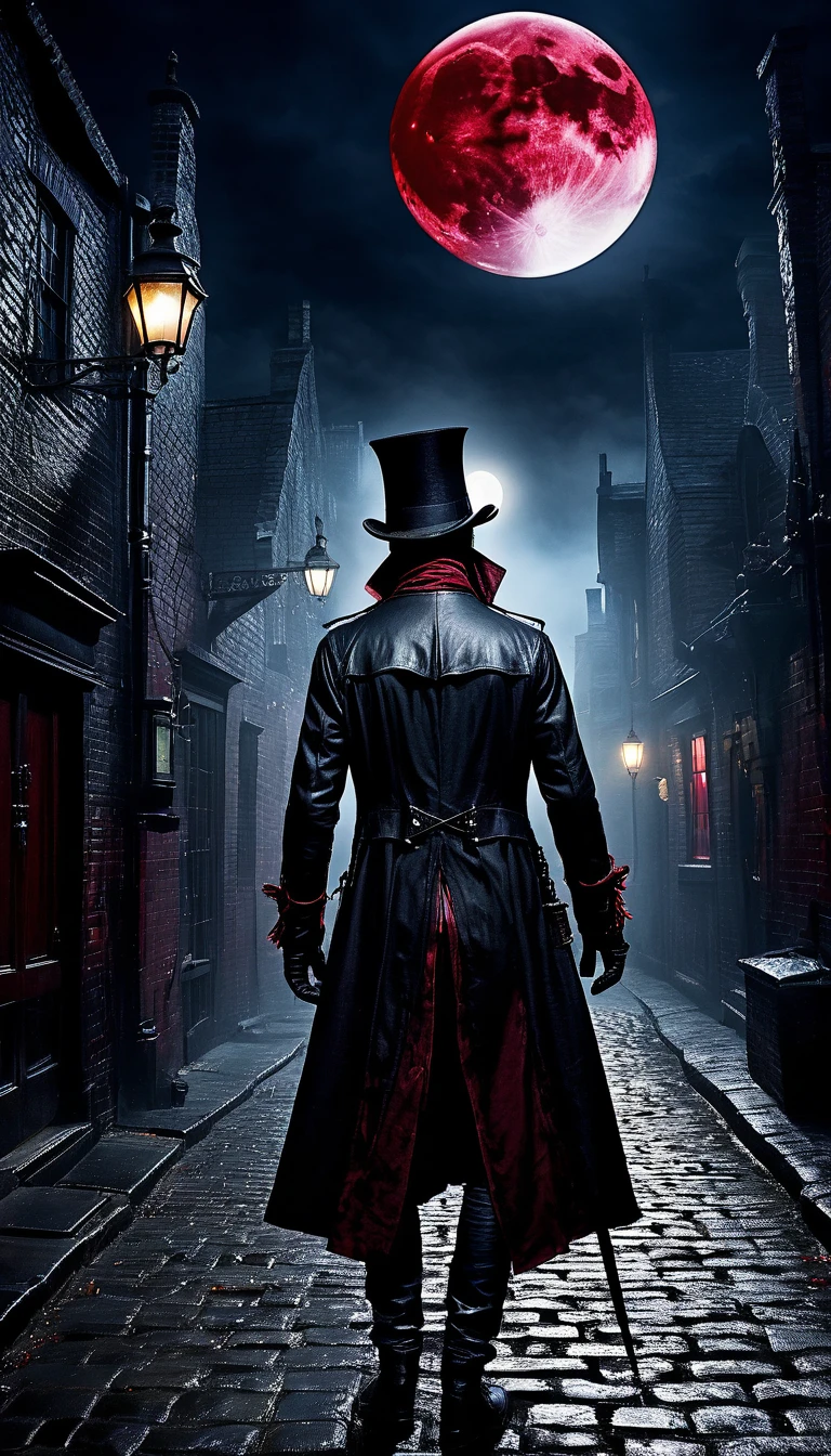 Night Sky、(((漆黒のNight Sky))),   Bloodborne Hunter  ,  （male、Top Hat、Short Hair）、(((Black Leather Clothes ))),   upper body、 from behind,   background  , lunar eclipse、 ((( Very Dark Red Full Moon ))),  1800s London's like Narrow Alley、Foggy,   Dark Fantasy Art ,  Best Quality  ,     Wide Shots   , Ultra Wide Angle,  Ultra-fine, 