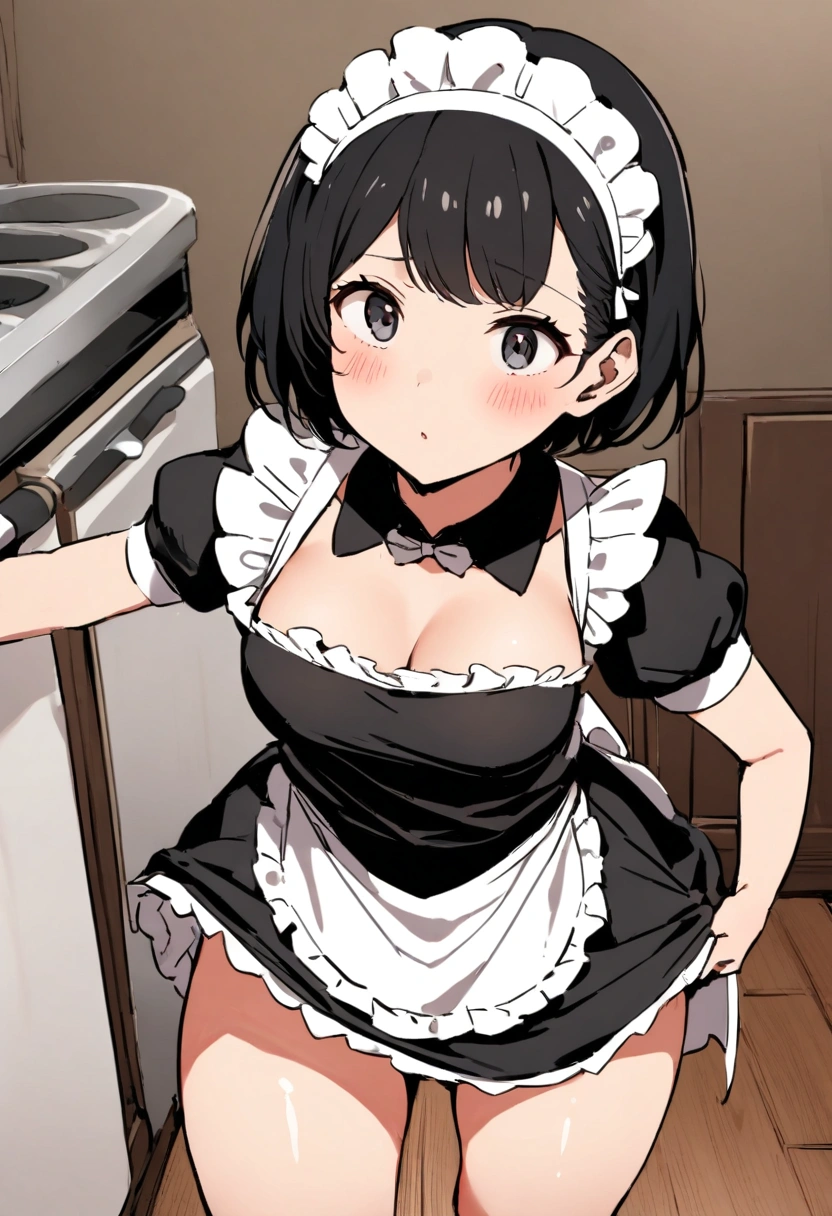 score_9, score_8_up, score_7_up, score_6_up, score_5_up, score_4_up, (source_anime), 1girl, (( white woman, short black hair, small breasts, puffy nipples, big Thighs, big ass, mature woman, dark nipples, brown nipple)), Distant vision, Low Illumination, Kitchen, Maid outfit, black skirt, breast milk, Breast Pump, Nipple sucking machine, nipple sucking, horny, solo