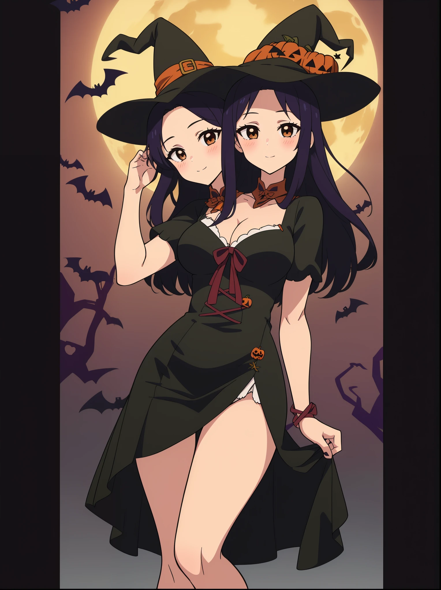 anime girl with pumpkins in her hands posing for a picture, two beautiful anime girls, 🍂 cute, anime girls, halloween art style, (anime girl), in a halloween style, (masterpiece),(ultra-detailed), (high quality), (high resolution), (best quality:1.5, highres, UHD), highres, absurdo, ultra detail, ultra quality, ((2heads:1.5)), 1girl, Ultra resolution, 16k, best quality, 1girl, ((purple hair)), ((black dress)), ((5 foot girl)), ((magicians outfit)), gentle smile, blushing, ( brown eyes) full moon background, ((Halloween background)), magician hat, magician girl