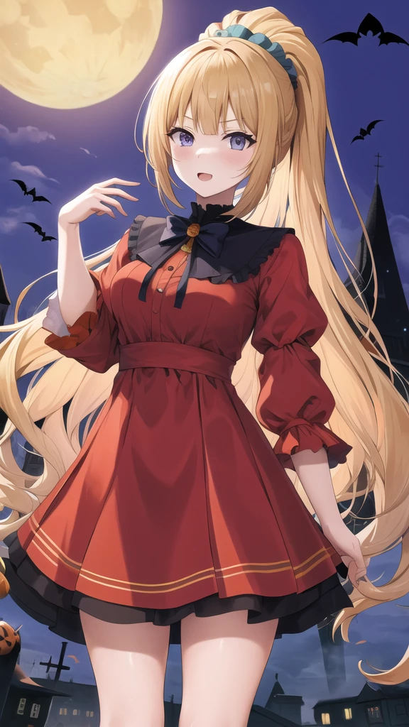 masterpiece, best quality, highres, aakei, long hair, blonde hair, ponytail, hair scrunchie, halloween Dress, 