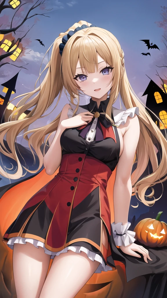 masterpiece, best quality, highres, aakei, long hair, blonde hair, ponytail, hair scrunchie, halloween Dress, 